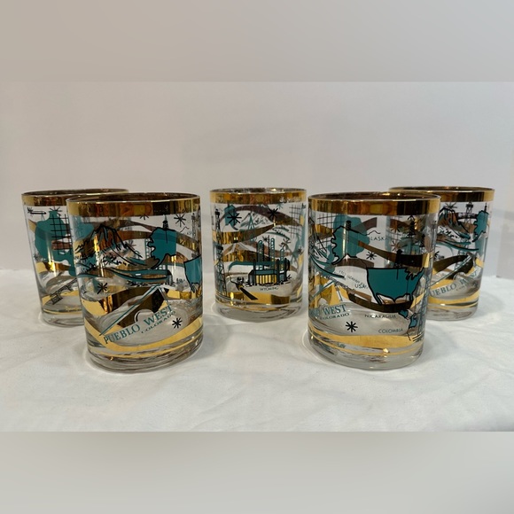 Rare Set of 5 MCM Norma Jean Wright 24k Gold & Turquoise Oil & Gas Bar Glasses - Picture 1 of 15